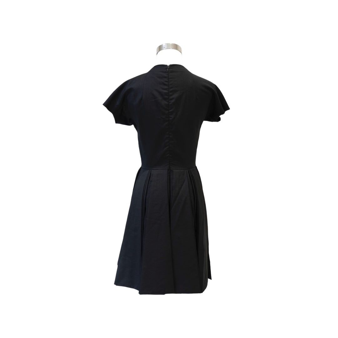Dior Black Short Pleated V-neckline Wool Dress #36
