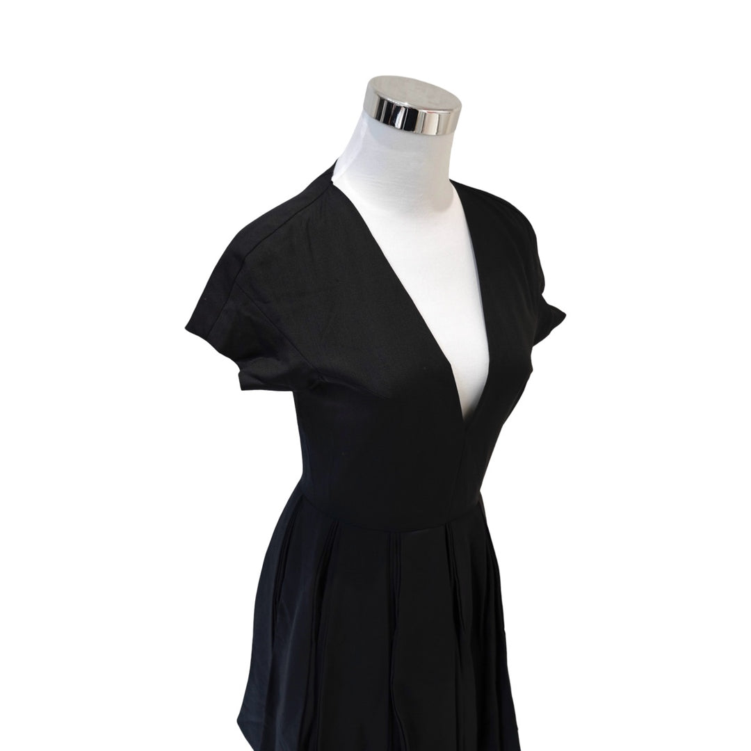 Dior Black Short Pleated V-neckline Wool Dress #36