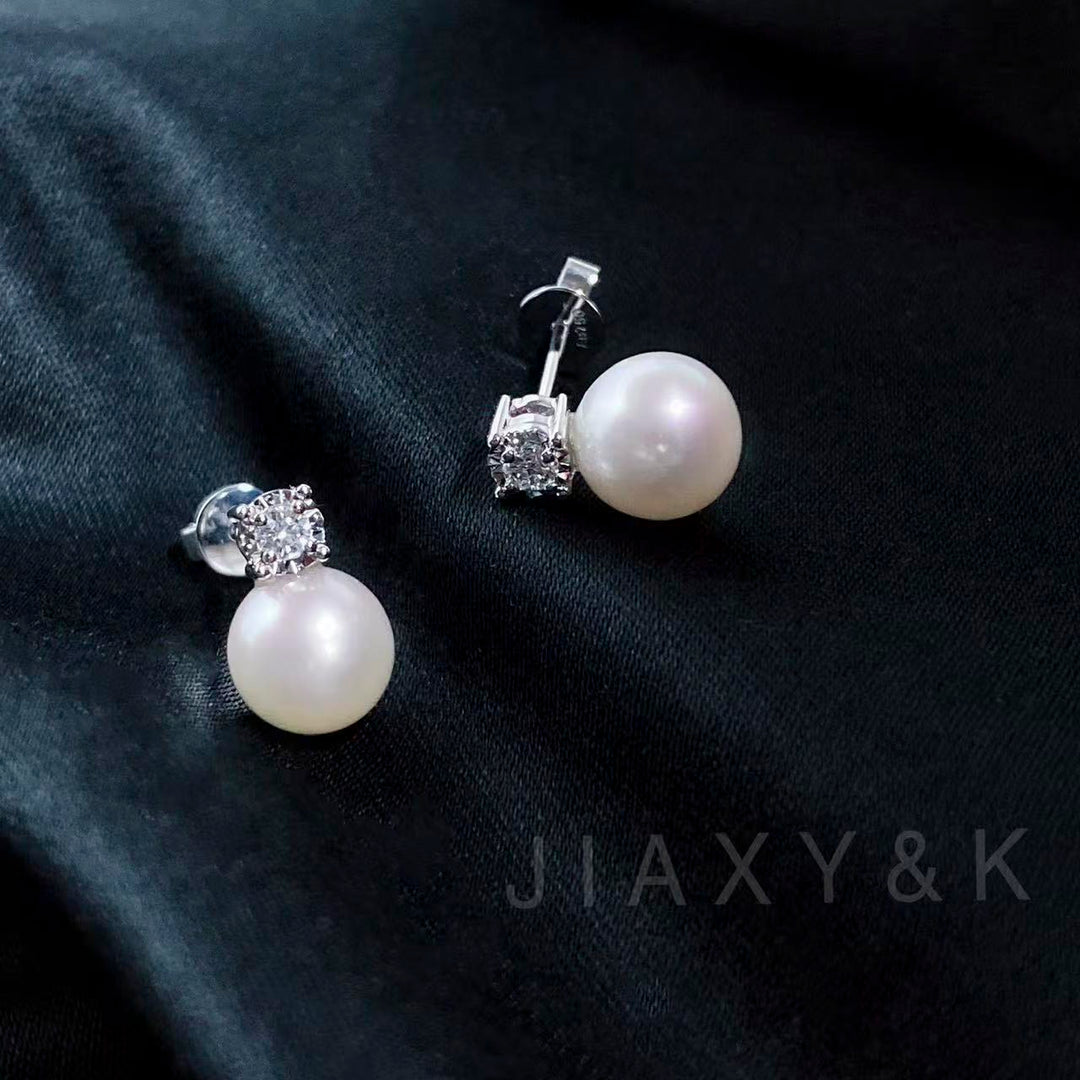 Natural Akoya Pearl Diamond Earrings 7.5mm d0.10ct,18K