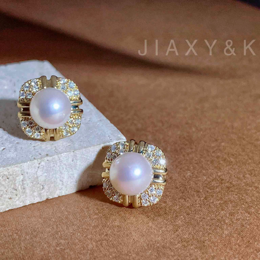 Natural Akoya Pearl Diamond Earrings 8-9mm d0.396ct, 18K