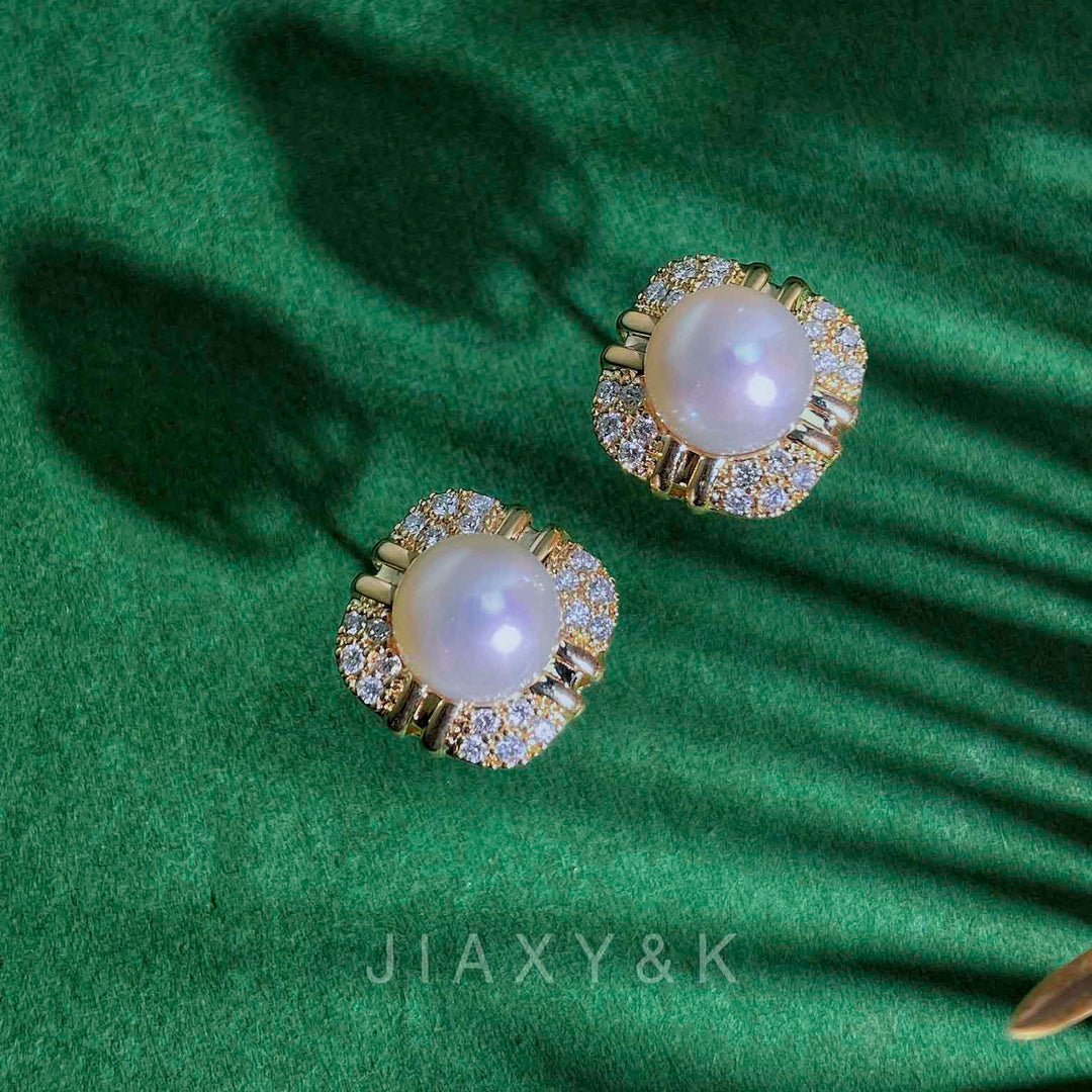 Natural Akoya Pearl Diamond Earrings 8-9mm d0.396ct, 18K