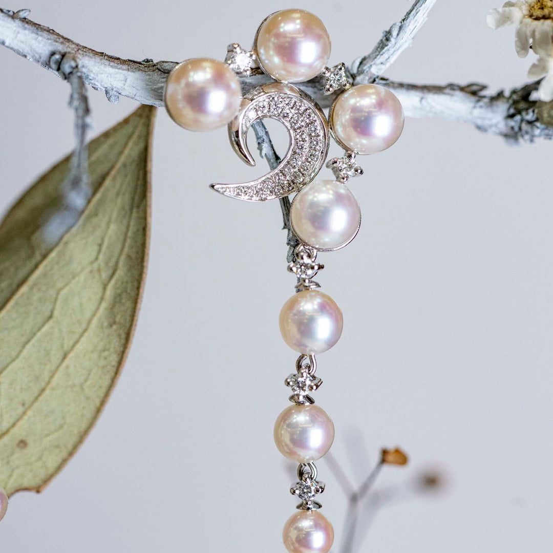 Natural Akoya Pearl Diamond Long Earrings, 18K