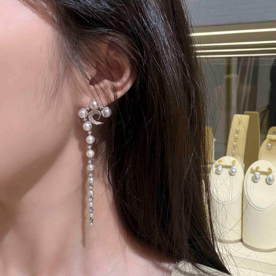 Natural Akoya Pearl Diamond Long Earrings, 18K