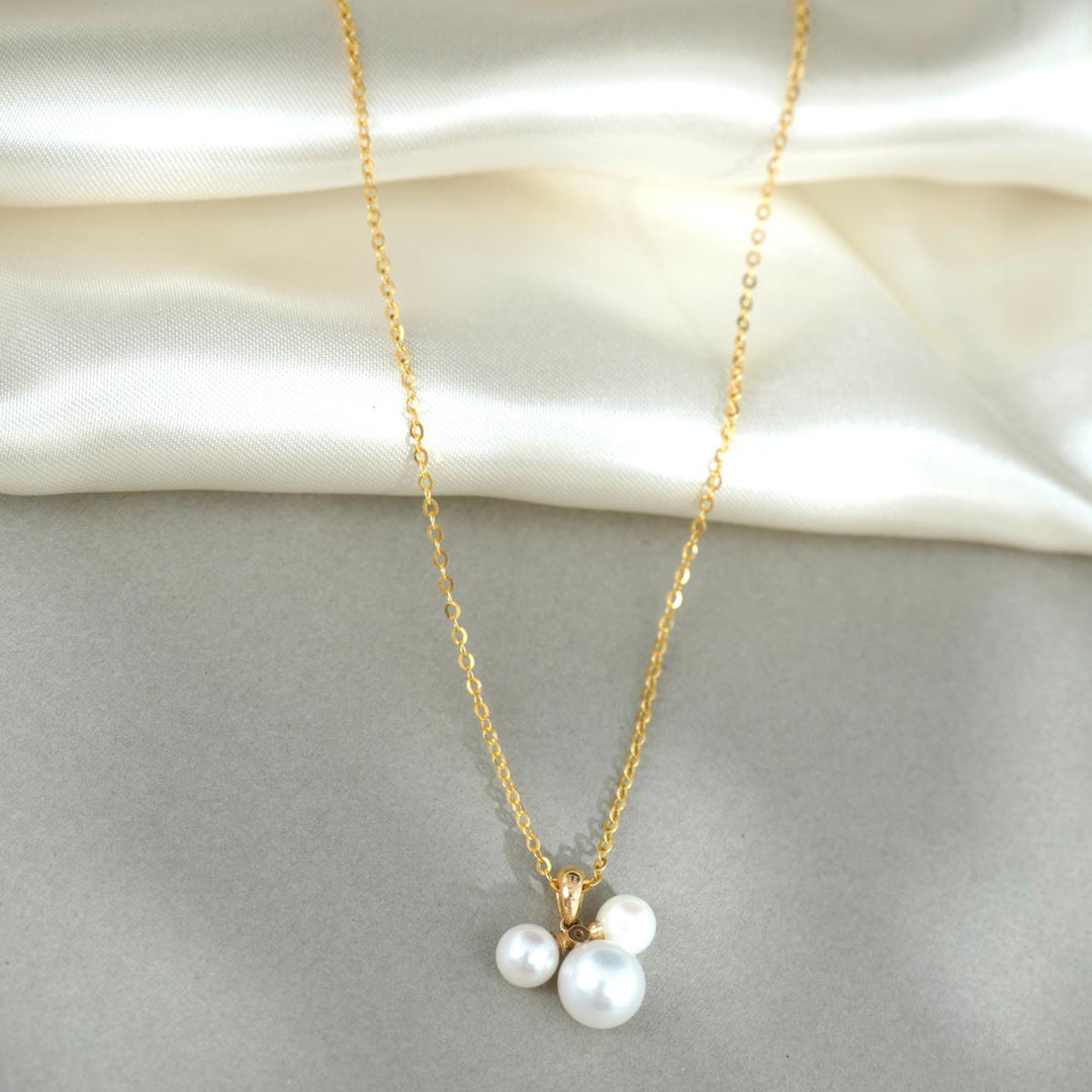 Natural Akoya Pearl Diamond Mich Necklace 7.5+5.5mm, 18K Gold