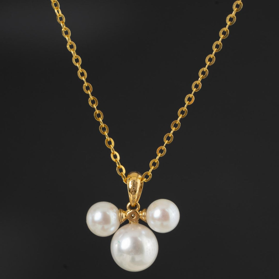 Natural Akoya Pearl Diamond Mich Necklace 7.5+5.5mm, 18K Gold