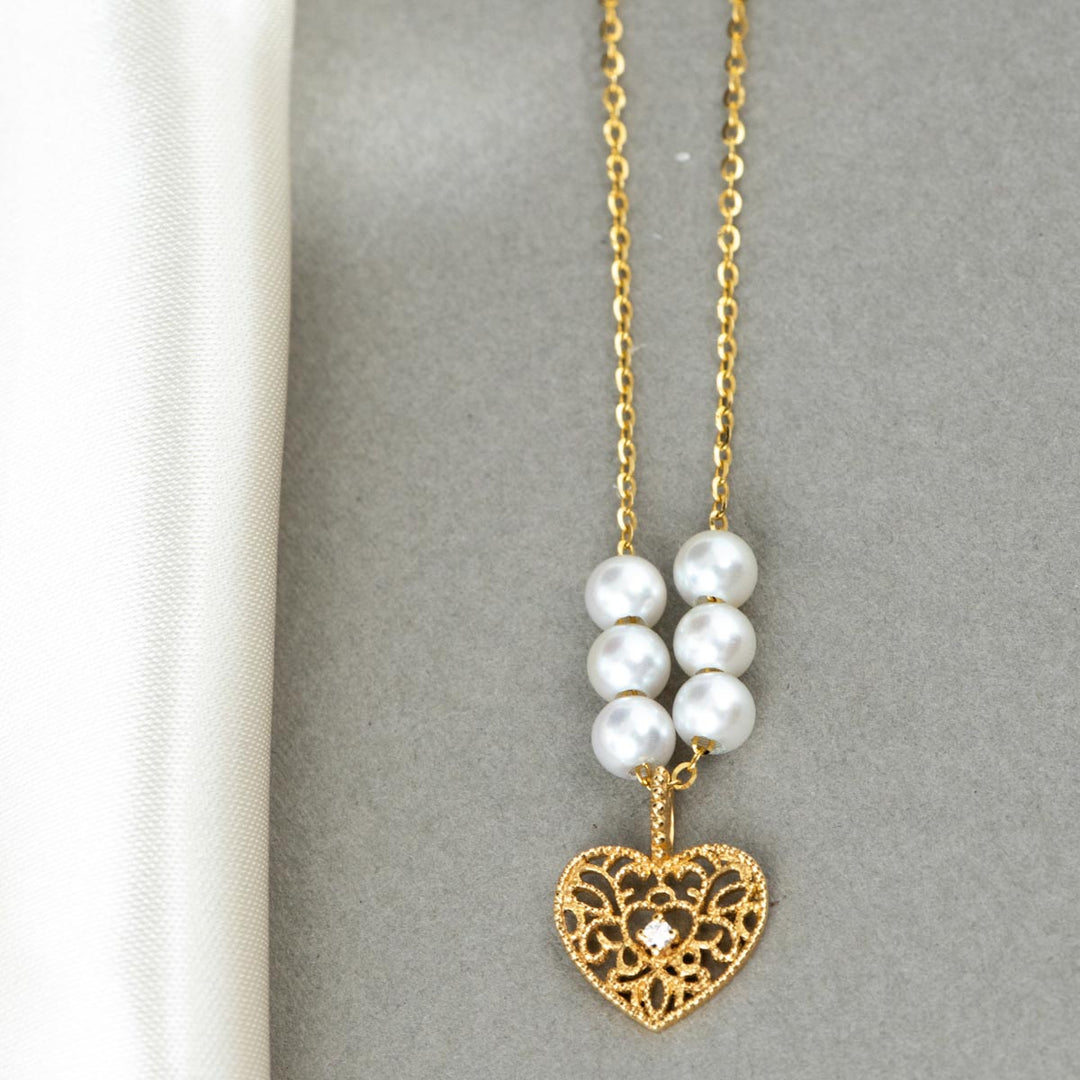 Natural Akoya Pearl Diamond Retro Lace Heart Necklace 18K Gold