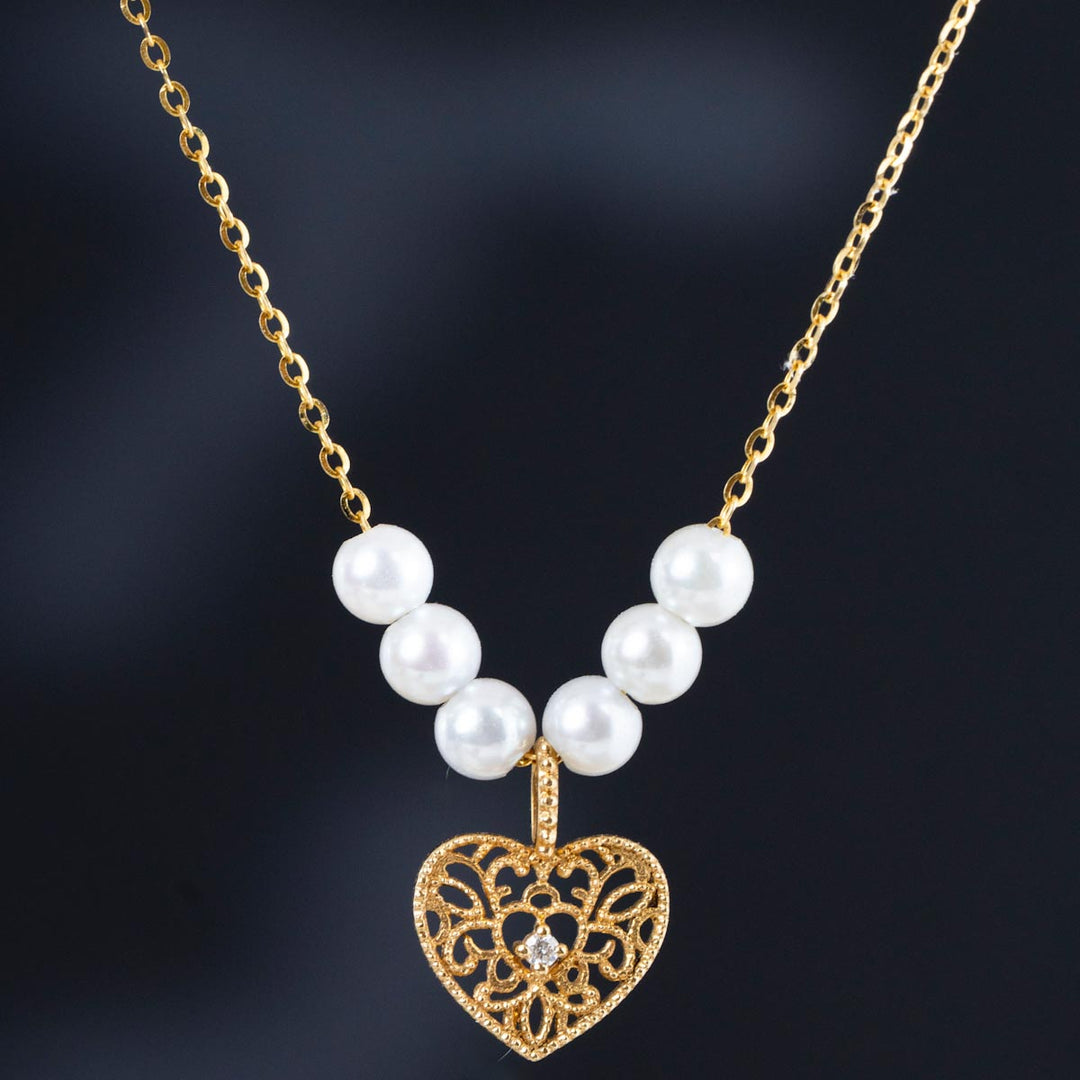 Natural Akoya Pearl Diamond Retro Lace Heart Necklace 18K Gold