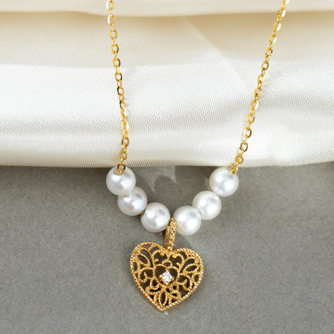 Natural Akoya Pearl Diamond Retro Lace Heart Necklace 18K Gold
