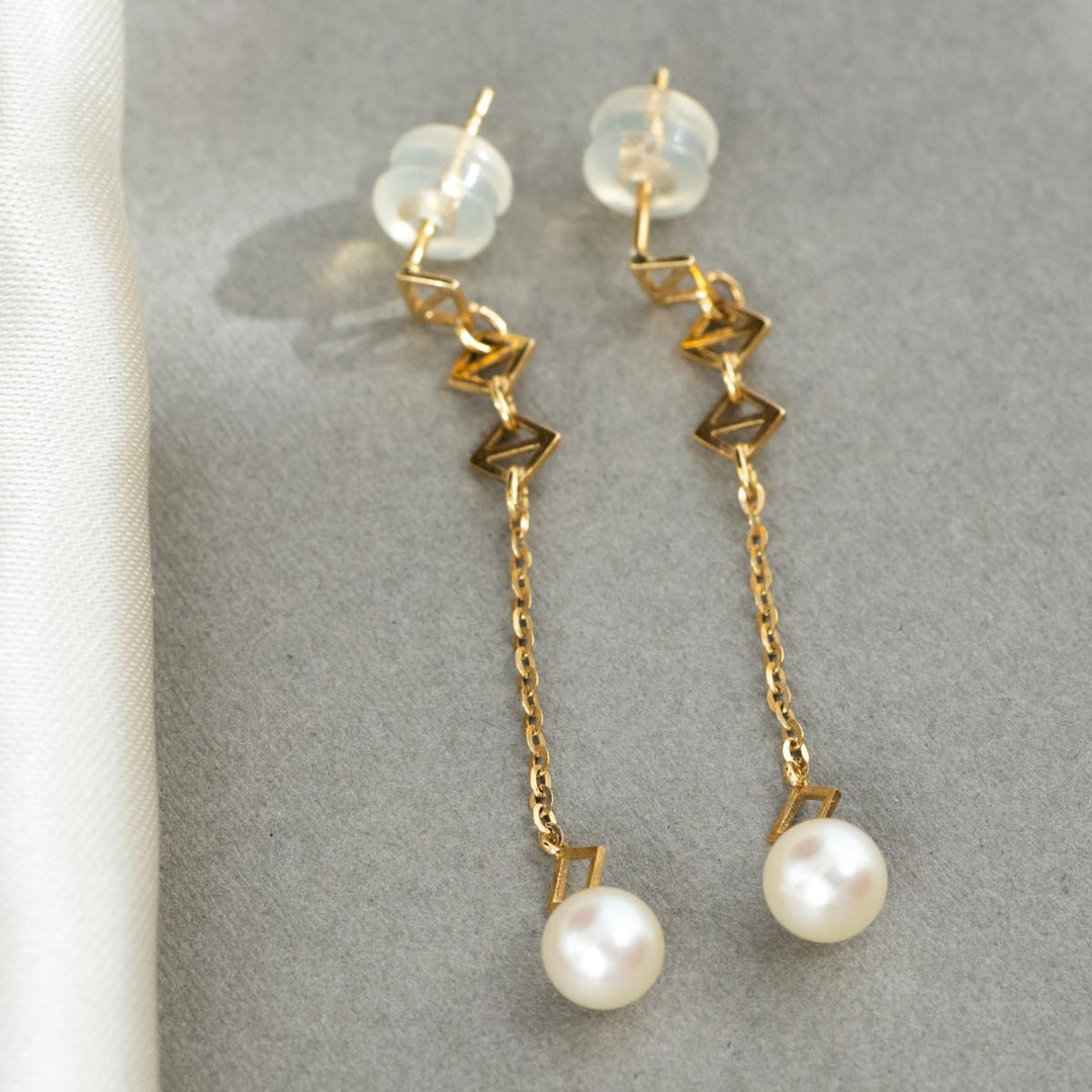 Natural Akoya Pearl Rhombus Earrings 4.7mm, 18K Gold