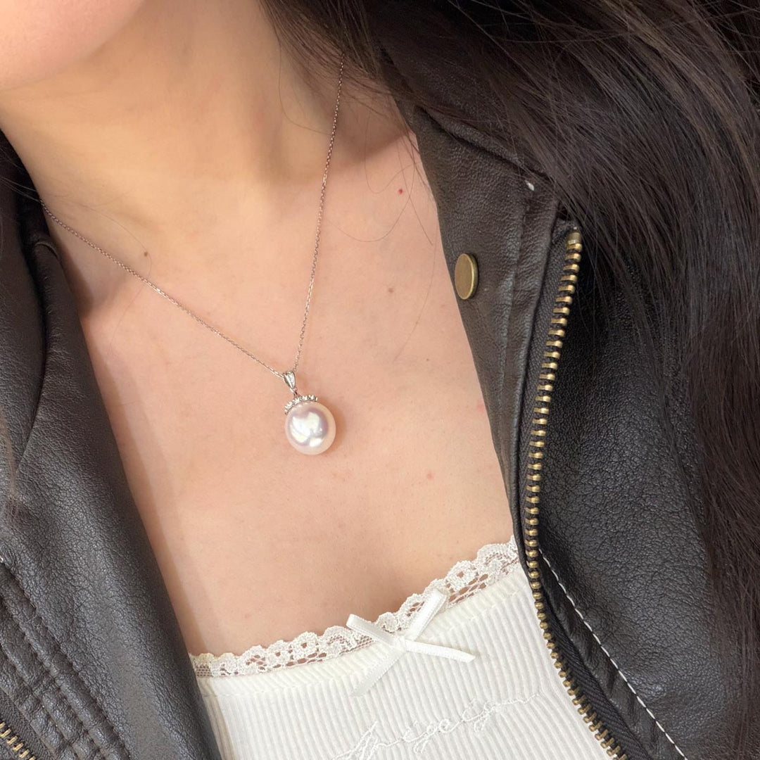 Natural South Sea White Pearl Necklace 13.8mm, Diamond 0.064ct 18K Gold