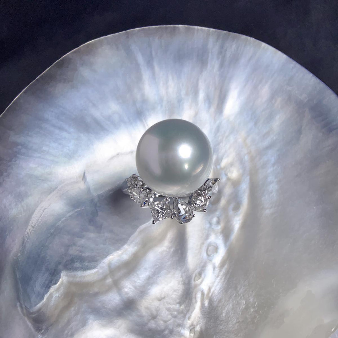Natural SS South Sea White Pearl Ring 13.5mm,Diamond 0.88ct 18K Gold PSL