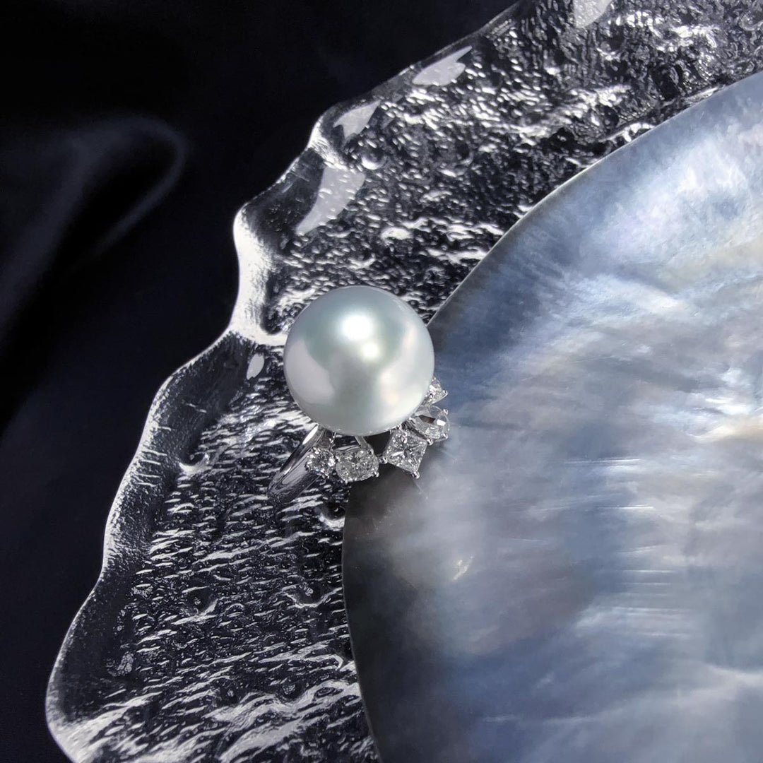 Natural SS South Sea White Pearl Ring 13.5mm,Diamond 0.88ct 18K Gold PSL