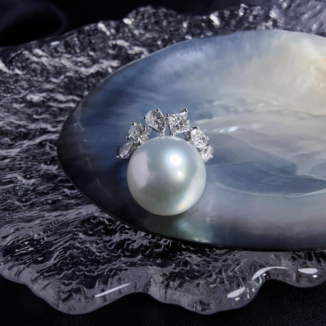 Natural SS South Sea White Pearl Ring 13.5mm,Diamond 0.88ct 18K Gold PSL