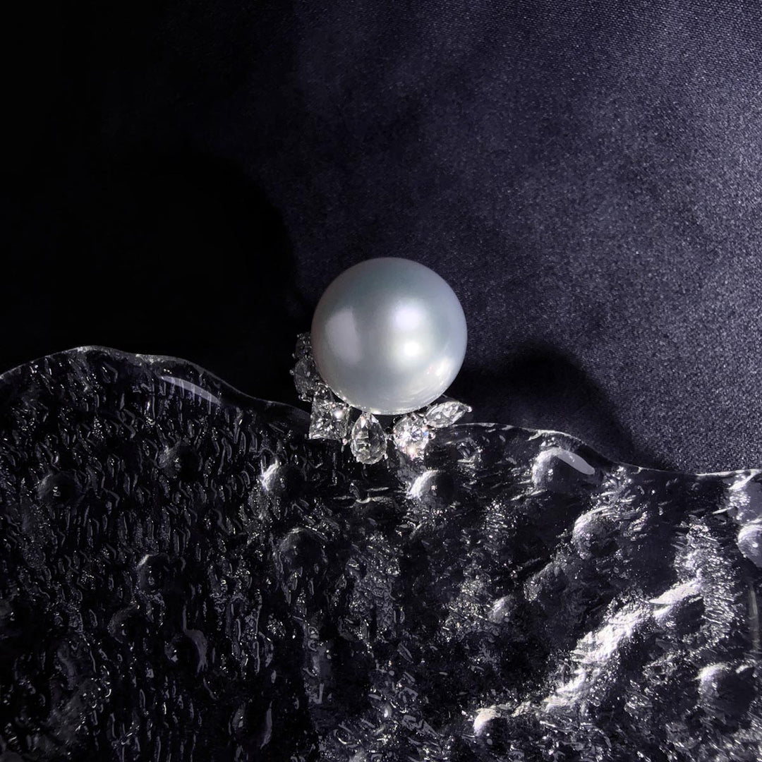 Natural SS South Sea White Pearl Ring 13.5mm,Diamond 0.88ct 18K Gold PSL