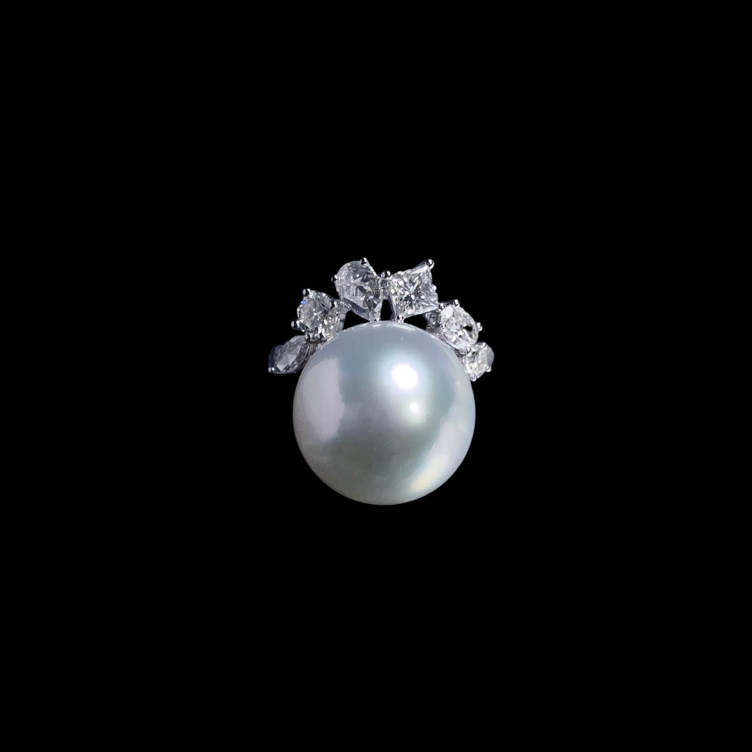 Natural SS South Sea White Pearl Ring 13.5mm,Diamond 0.88ct 18K Gold PSL