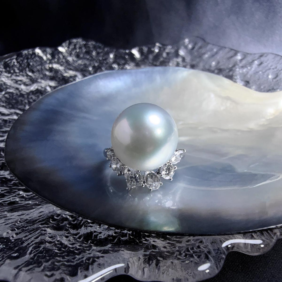 Natural SS South Sea White Pearl Ring 13.5mm,Diamond 0.88ct 18K Gold PSL