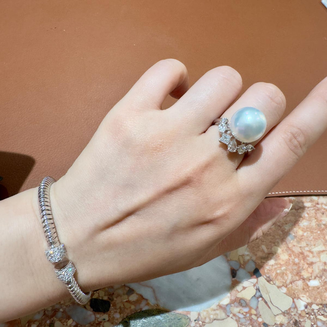Natural SS South Sea White Pearl Ring 13.5mm,Diamond 0.88ct 18K Gold PSL