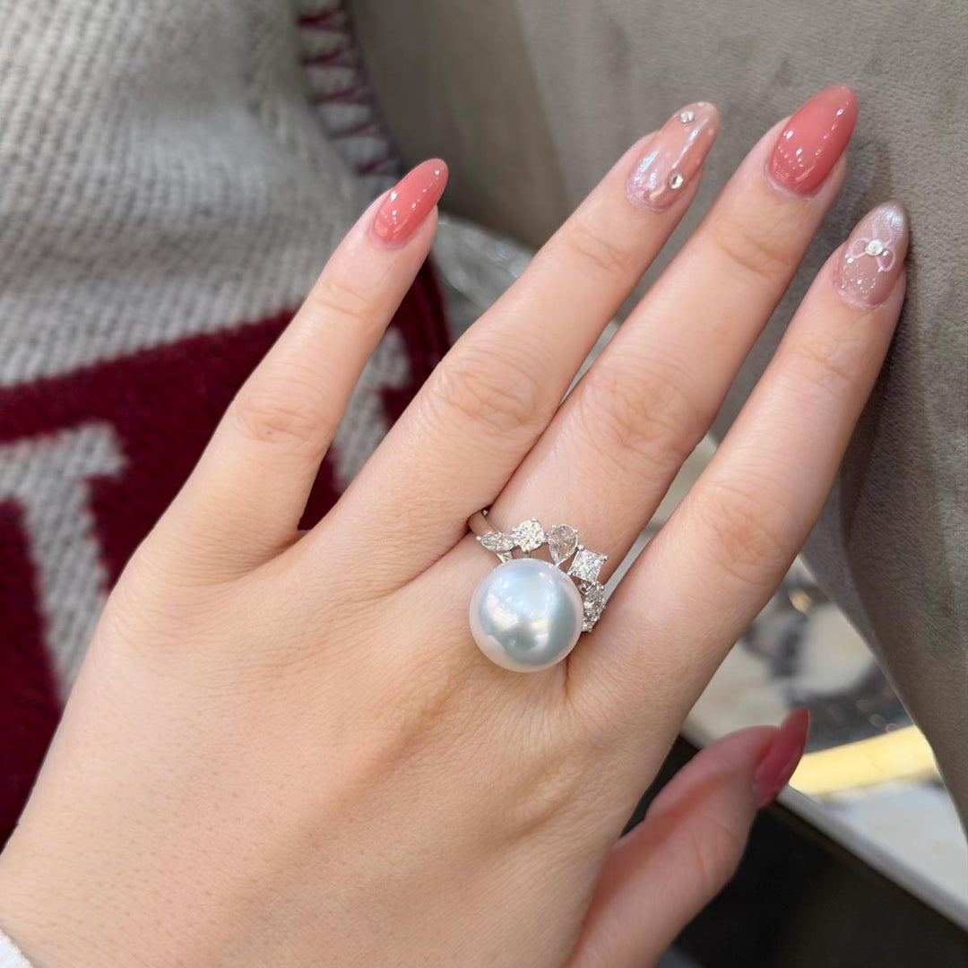 Natural SS South Sea White Pearl Ring 13.5mm,Diamond 0.88ct 18K Gold PSL
