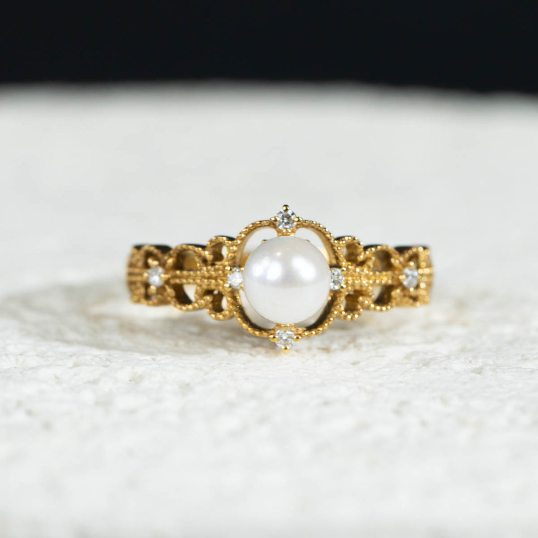 Akoya Pearl Diamond Retro Lace Ring 5mm, 18K Gold
