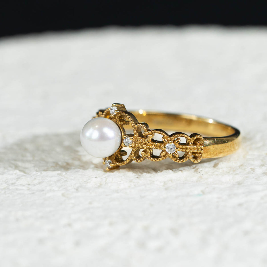 Akoya Pearl Diamond Retro Lace Ring 5mm, 18K Gold