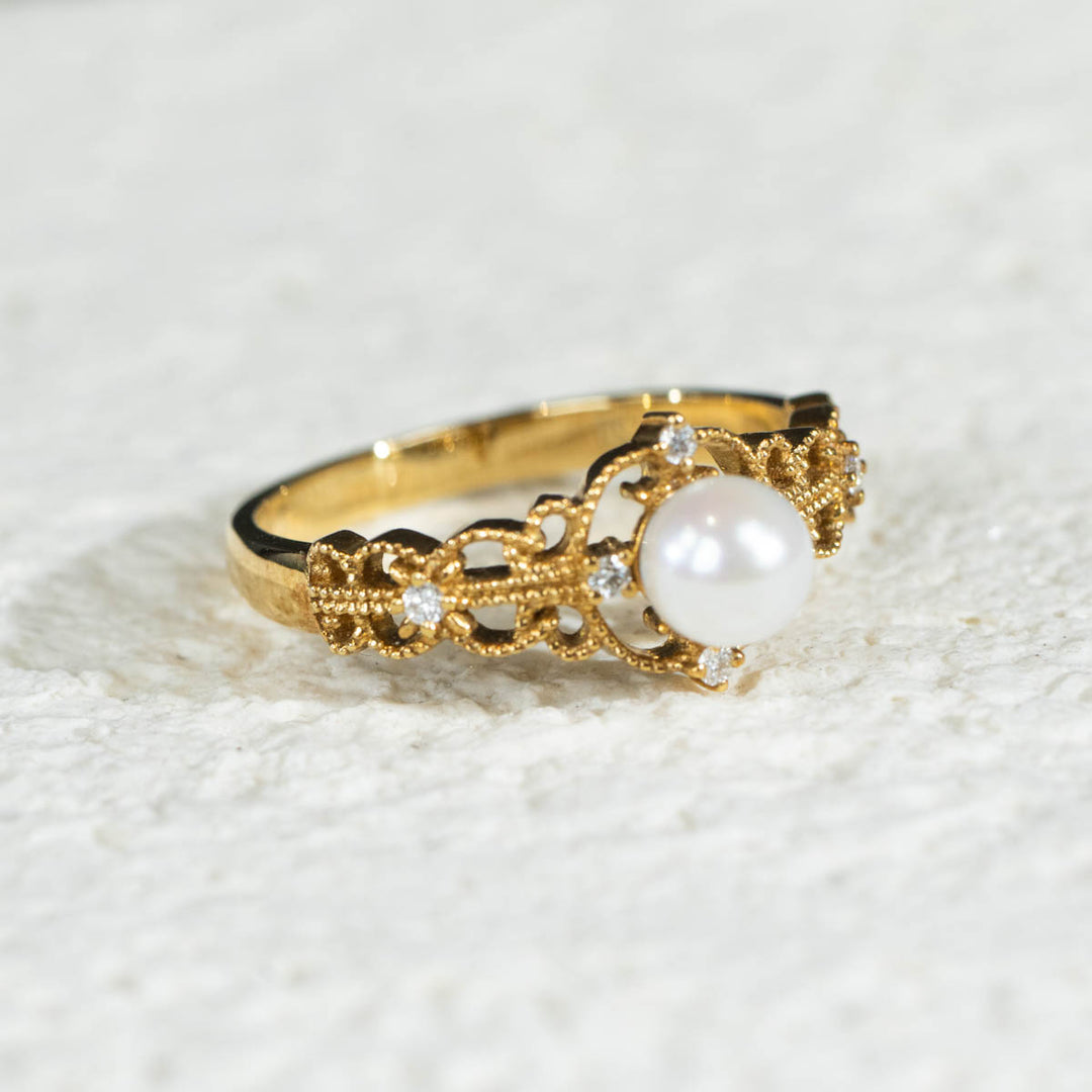 Akoya Pearl Diamond Retro Lace Ring 5mm, 18K Gold