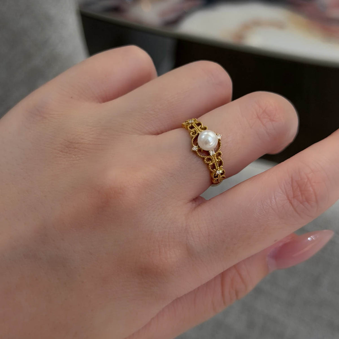 Akoya Pearl Diamond Retro Lace Ring 5mm, 18K Gold