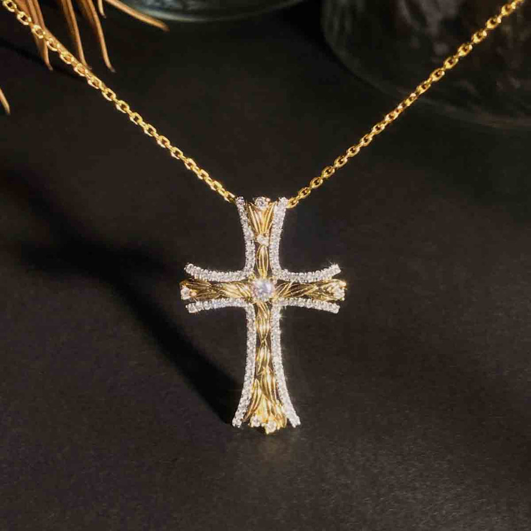 Natural White Diamond Leaf Cross Necklace D0.36ct, 18K