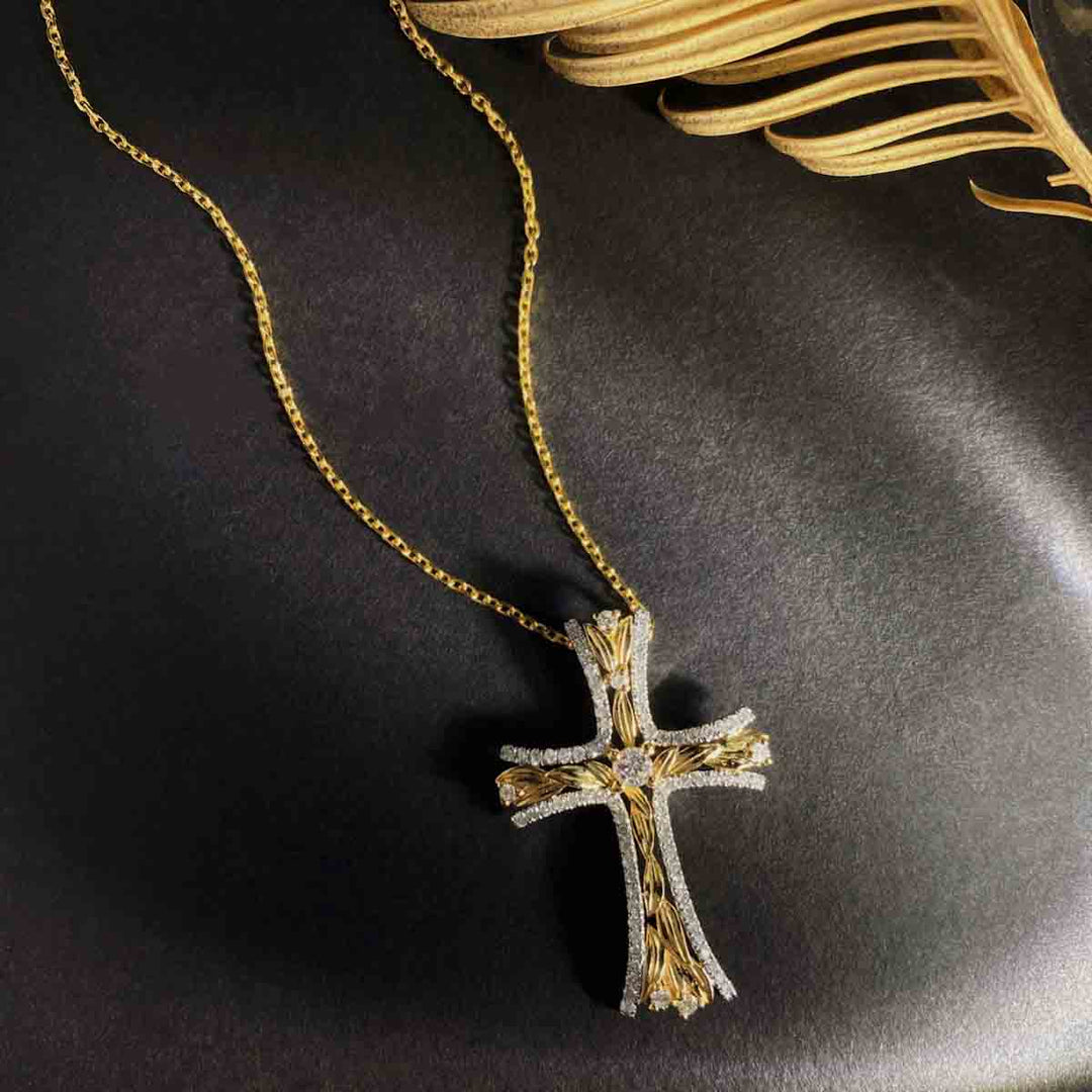 Natural White Diamond Leaf Cross Necklace D0.36ct, 18K
