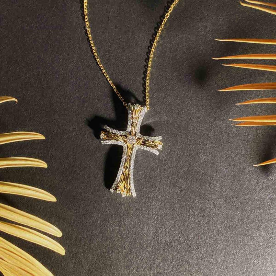 Natural White Diamond Leaf Cross Necklace D0.36ct, 18K