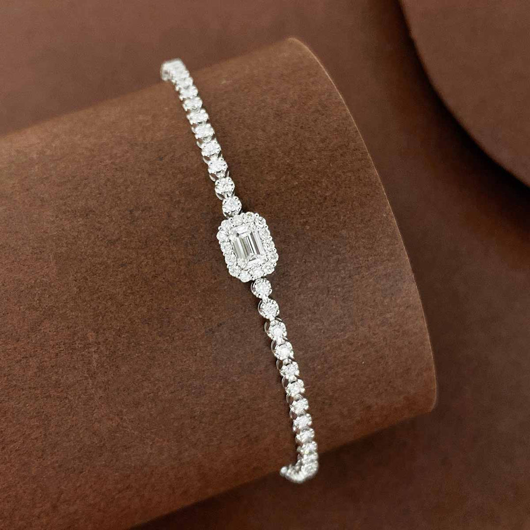 Natural White Diamond Emerald Cut Bracelet 0.30+0.90ct, F VS2 18K Gold GIA
