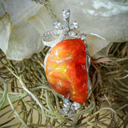 Natural Fire Opal Freeform Necklace D15.4ct, 18K White Sapphires