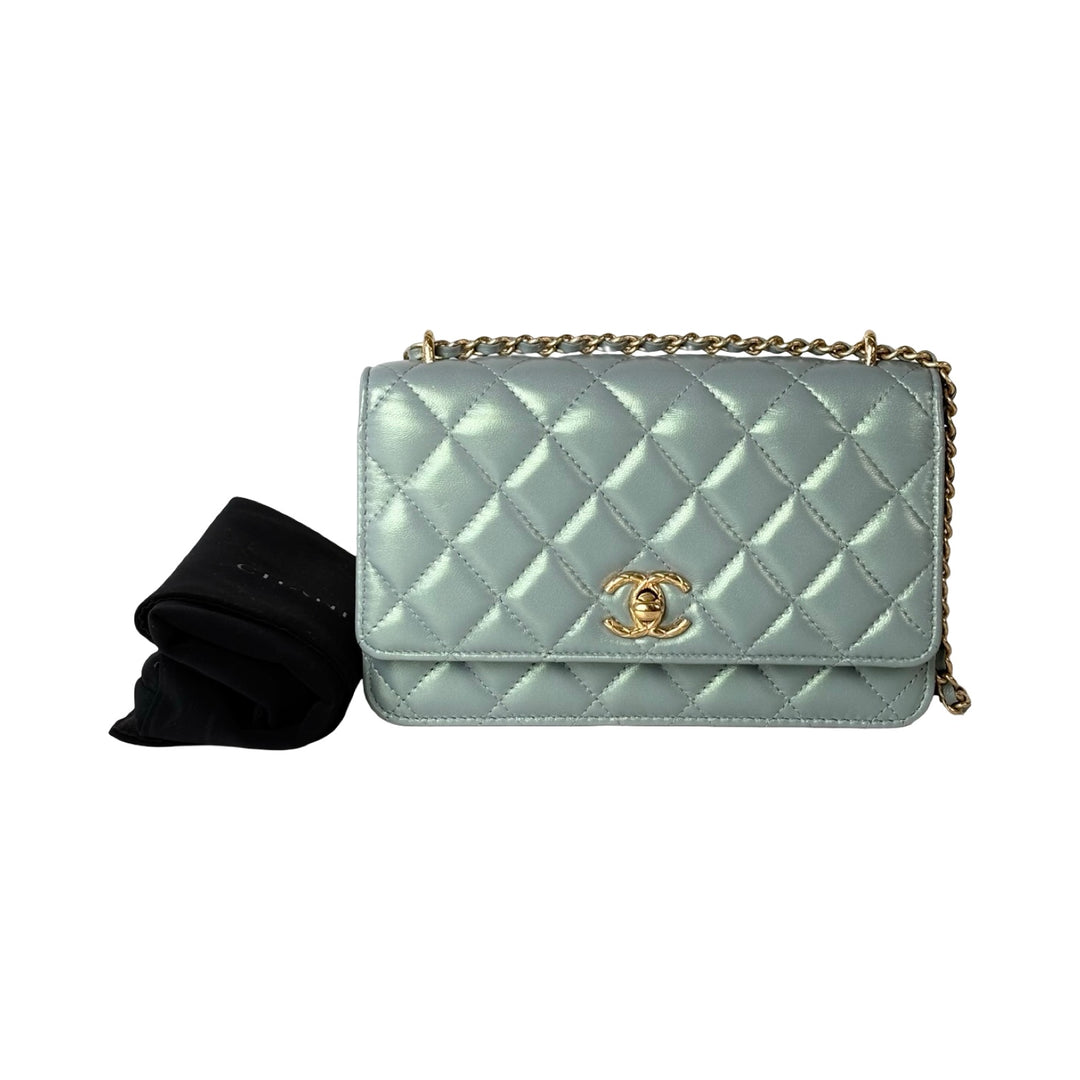 Chanel Pearl Light Green Quilted Leather Wallet on Chain Bag
