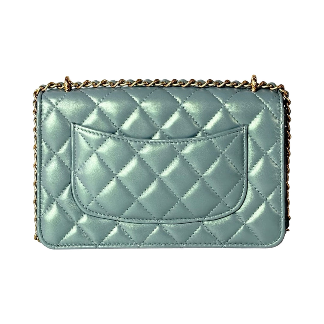 Chanel Pearl Light Green Quilted Leather Wallet on Chain Bag
