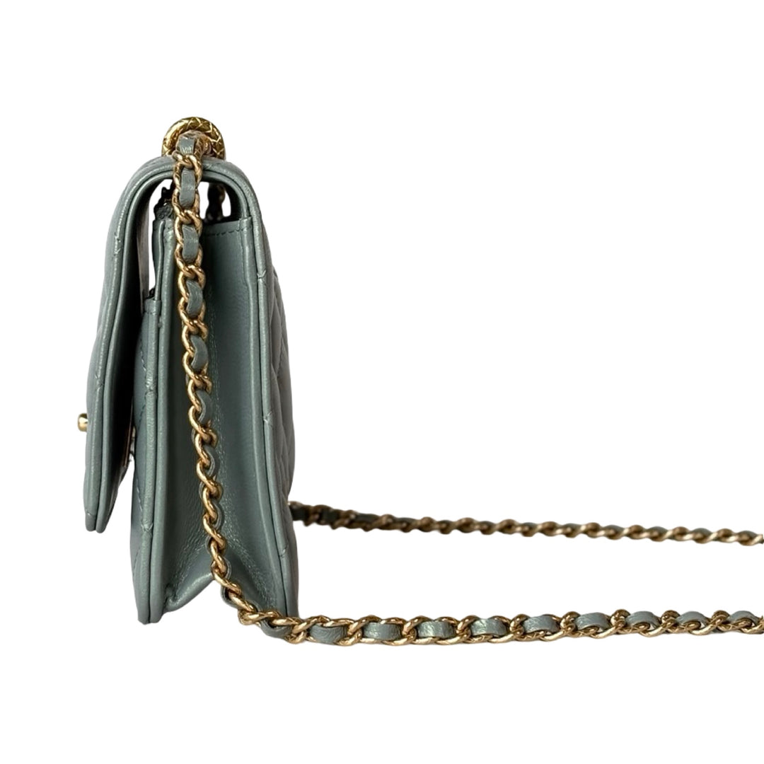 Chanel Pearl Light Green Quilted Leather Wallet on Chain Bag