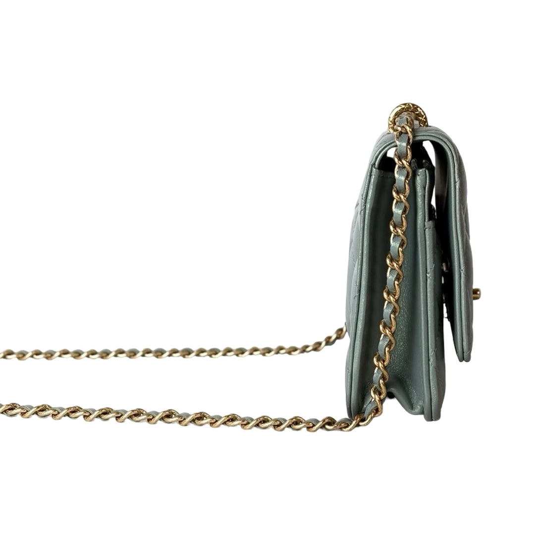 Chanel Pearl Light Green Quilted Leather Wallet on Chain Bag