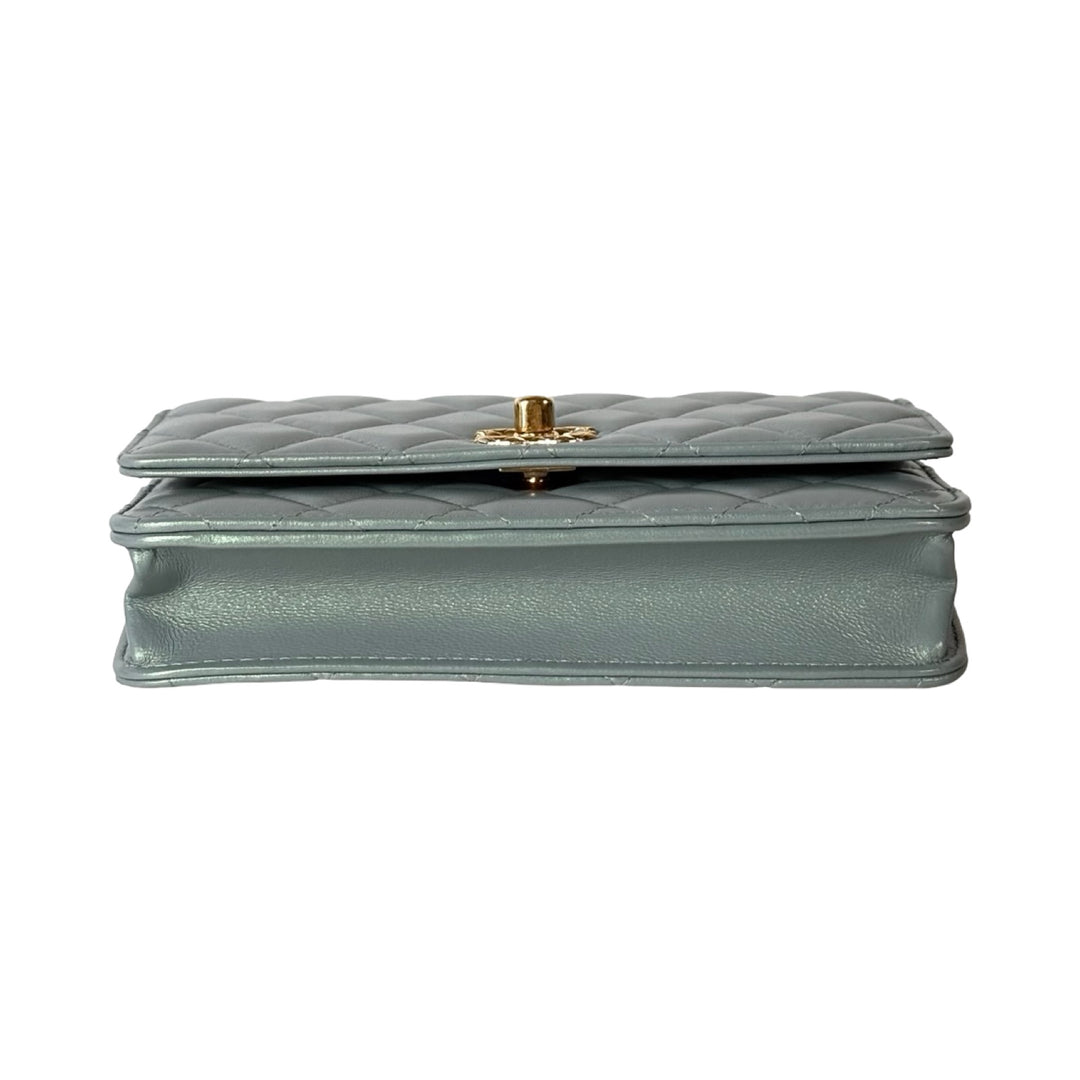 Chanel Pearl Light Green Quilted Leather Wallet on Chain Bag