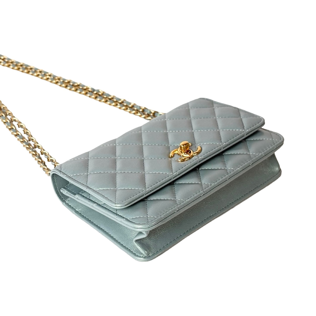 Chanel Pearl Light Green Quilted Leather Wallet on Chain Bag