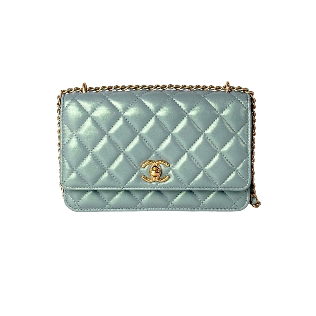 Chanel Pearl Light Green Quilted Leather Wallet on Chain Bag