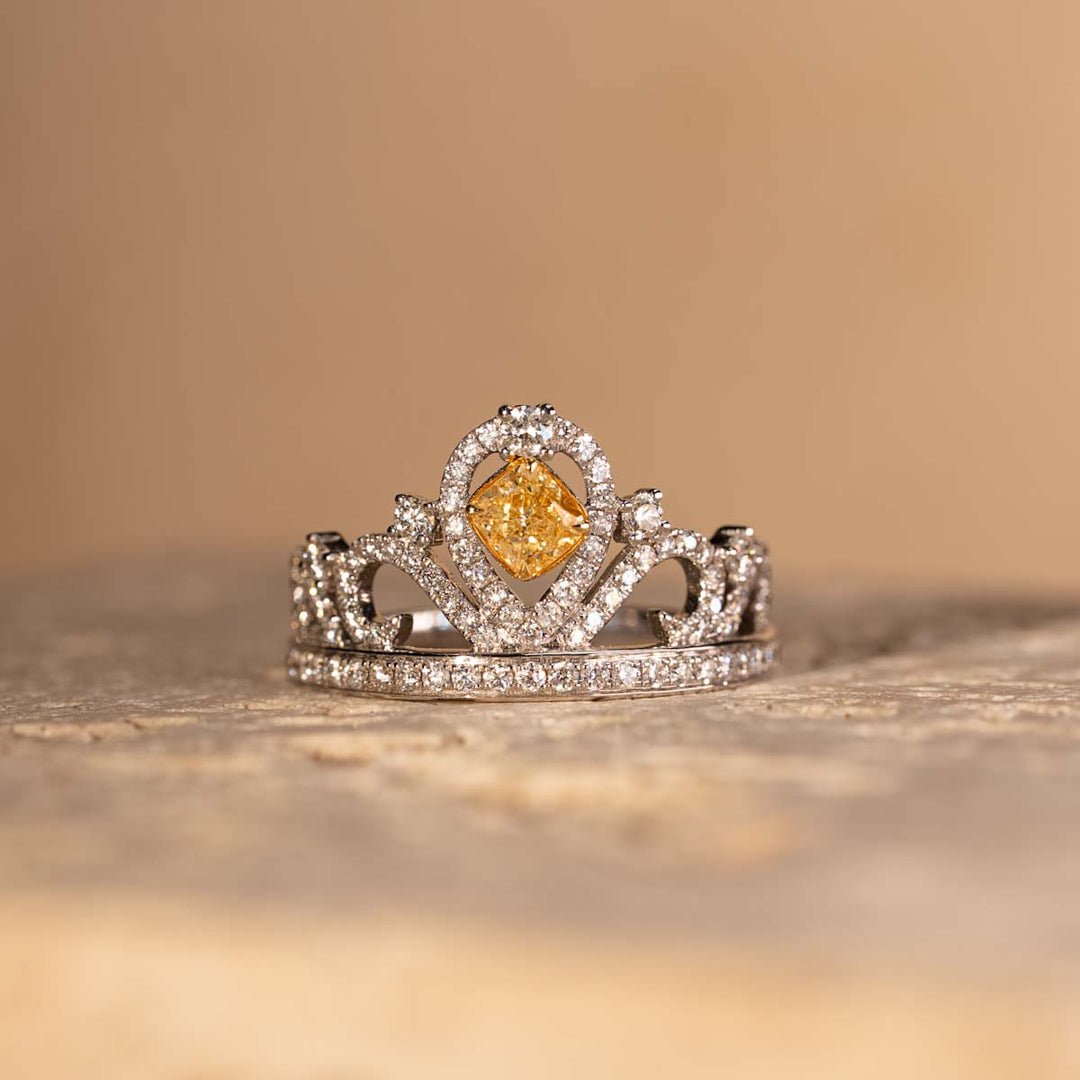 Natural Yellow Diamond Crown Ring D0.30ct d0.44ct, 18K