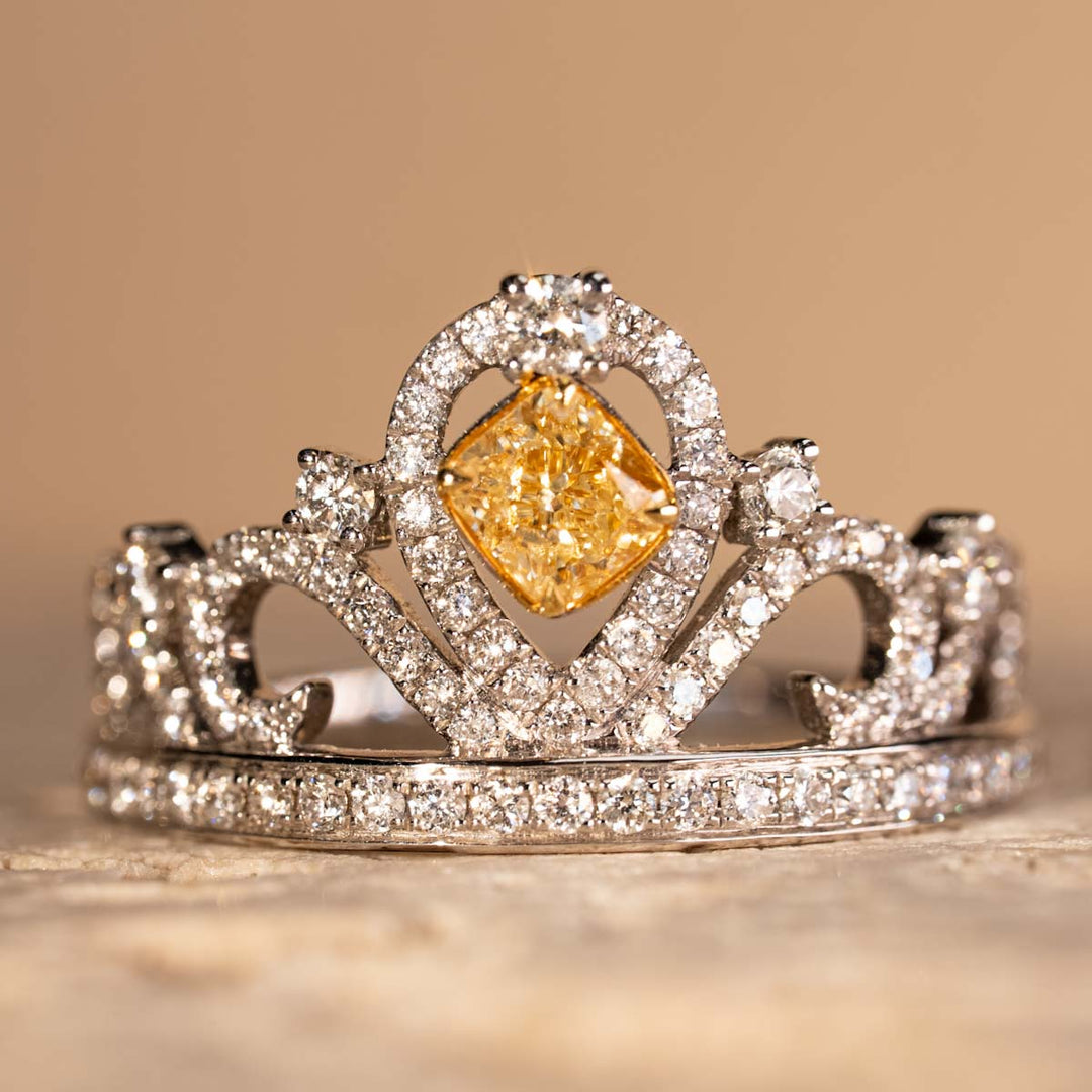 Natural Yellow Diamond Crown Ring D0.30ct d0.44ct, 18K