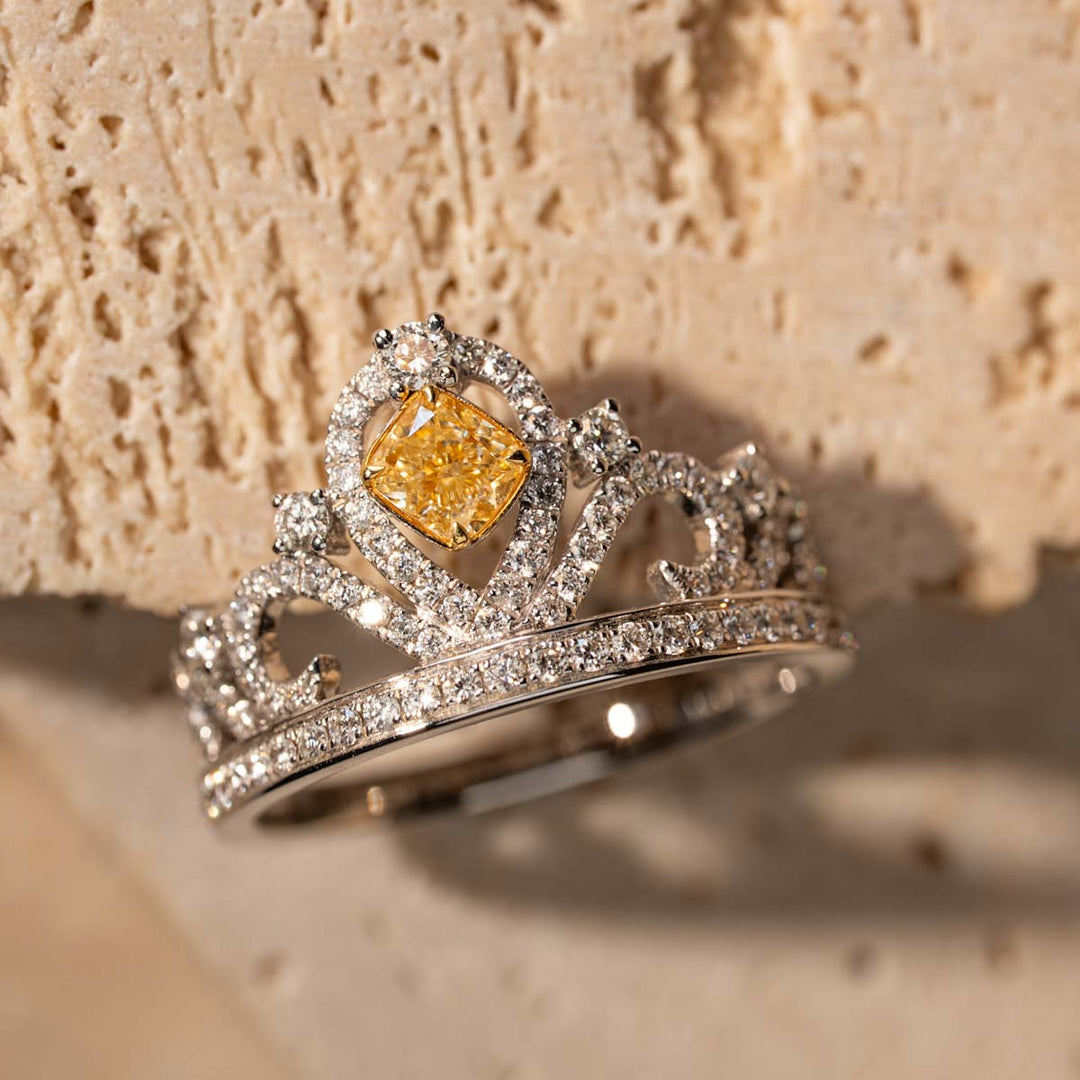 Natural Yellow Diamond Crown Ring D0.30ct d0.44ct, 18K