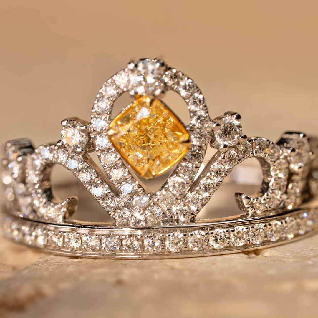 Natural Yellow Diamond Crown Ring D0.30ct d0.44ct, 18K