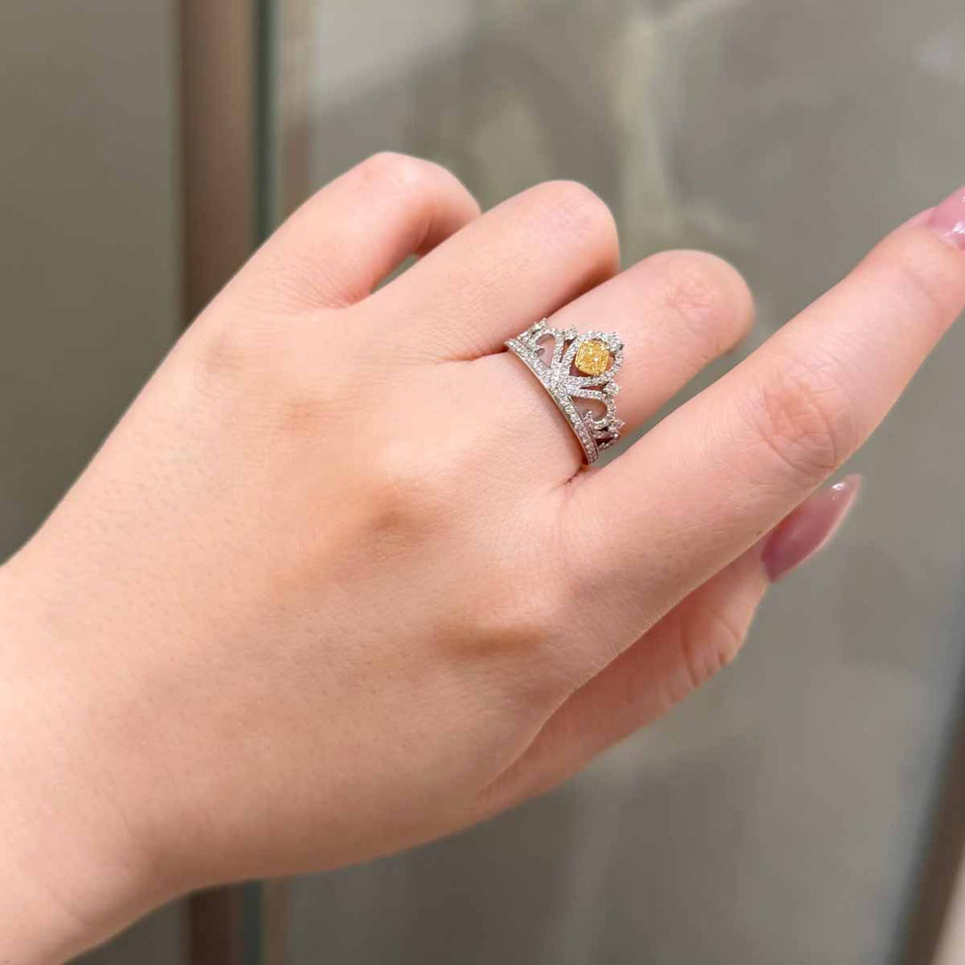 Natural Yellow Diamond Crown Ring D0.30ct d0.44ct, 18K