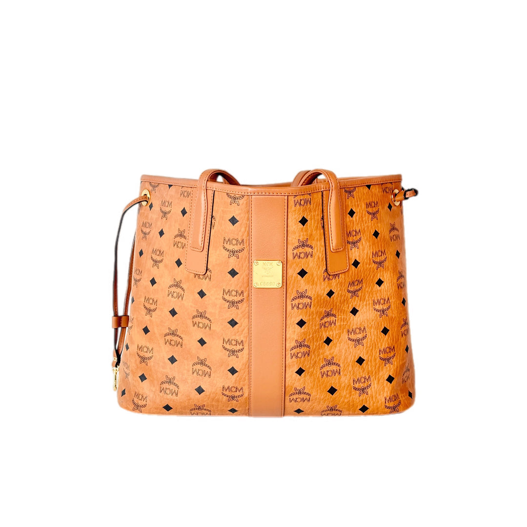 MCM Brown Reversible Liz Shopper In Visetos Tote Bag
