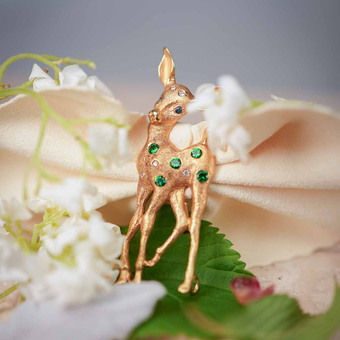 Natural Tsavorite White Diamond Deer Brooch,18K