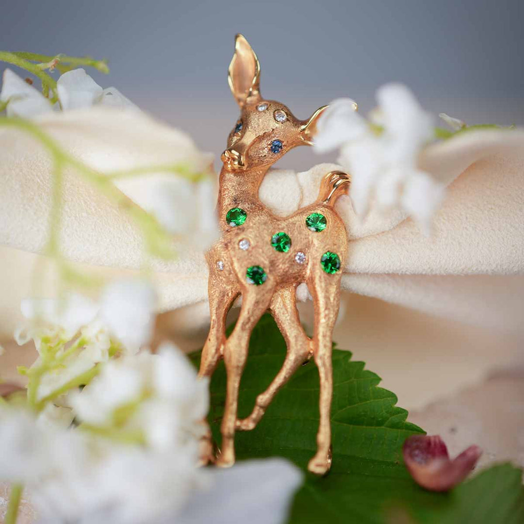 Natural Tsavorite White Diamond Deer Brooch,18K