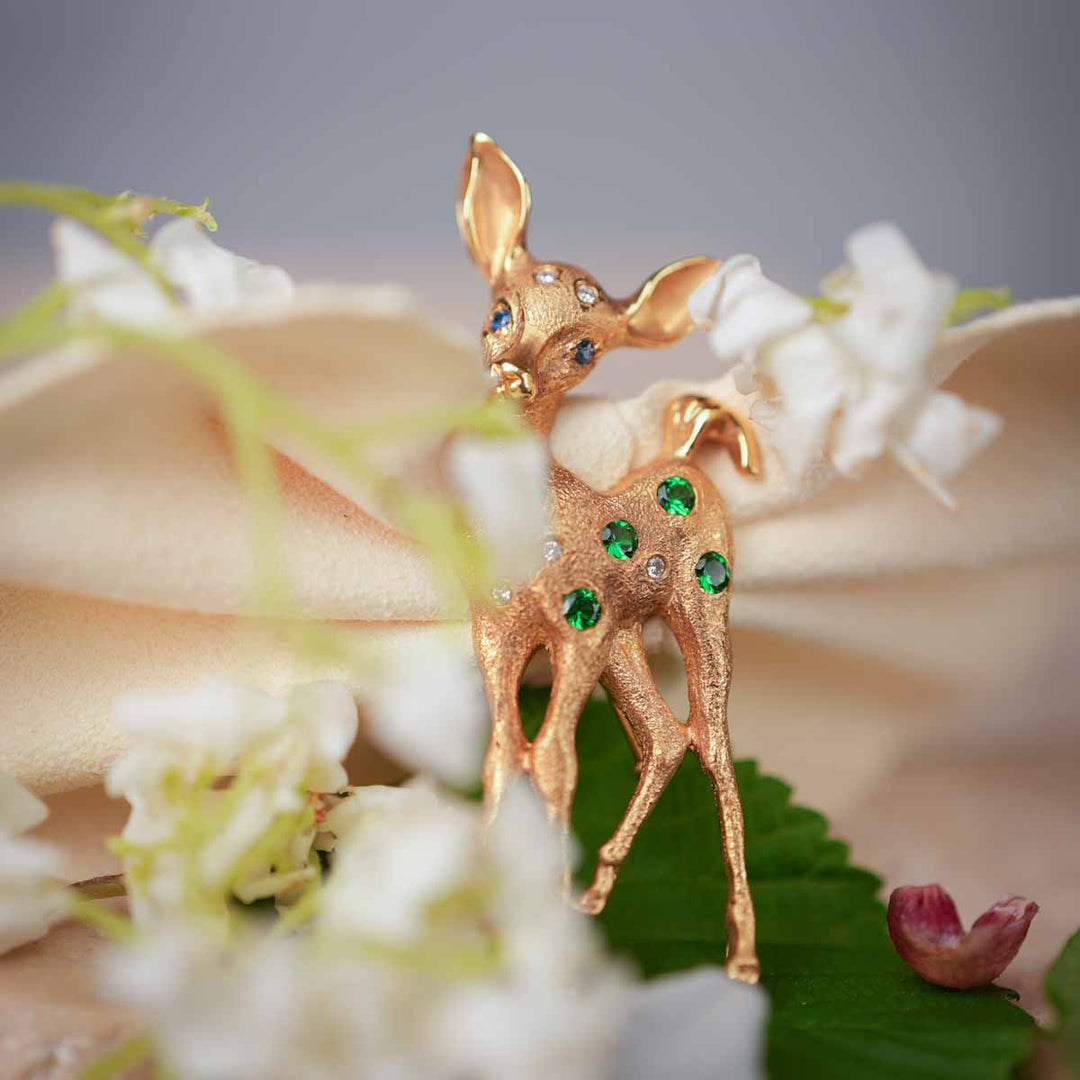 Natural Tsavorite White Diamond Deer Brooch,18K