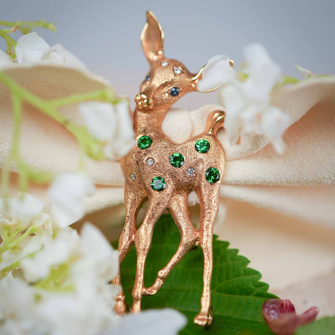 Natural Tsavorite White Diamond Deer Brooch,18K