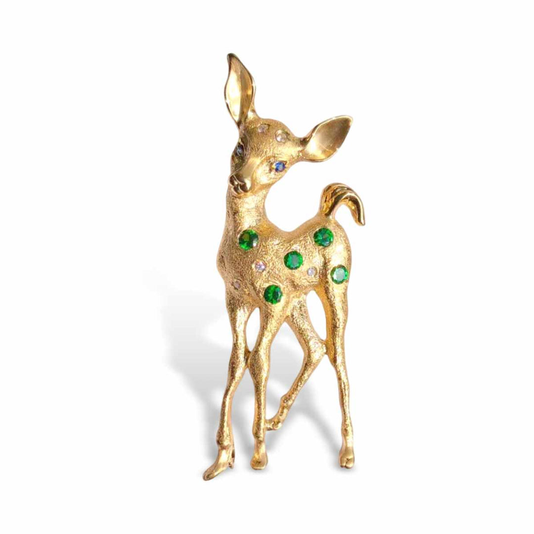 Natural Tsavorite White Diamond Deer Brooch,18K