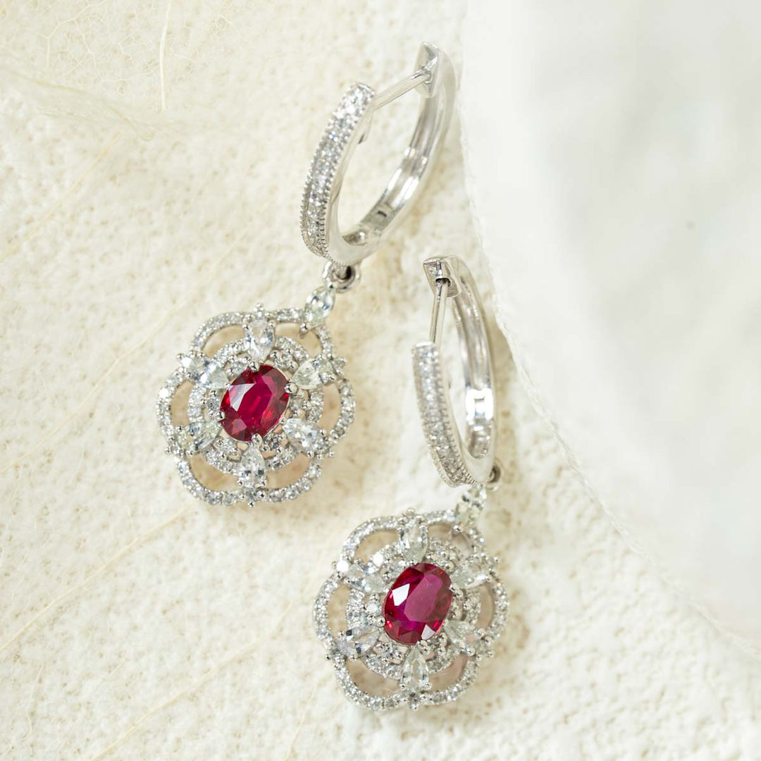 Natural Ruby Diamond Earrings D1.1CT, d0.192CT No Heat 18K